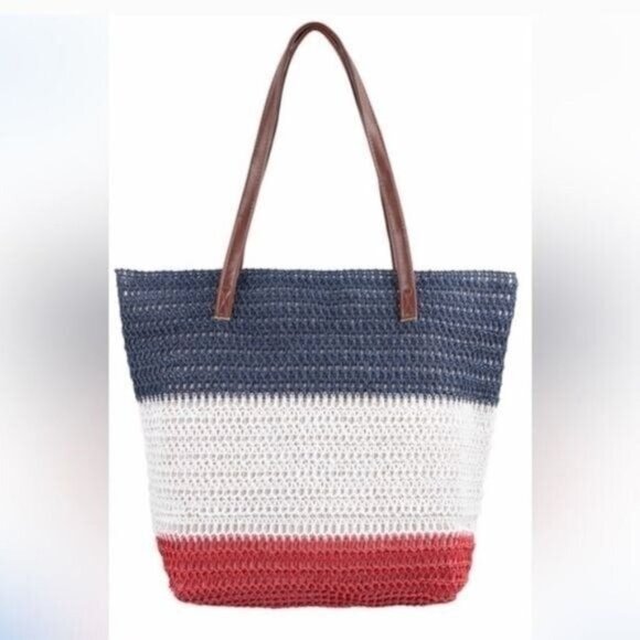 RED/WHITE/BLUE-COLOR BLOCK CROCHET TOTE BAG-NEW - Picture 1 of 2